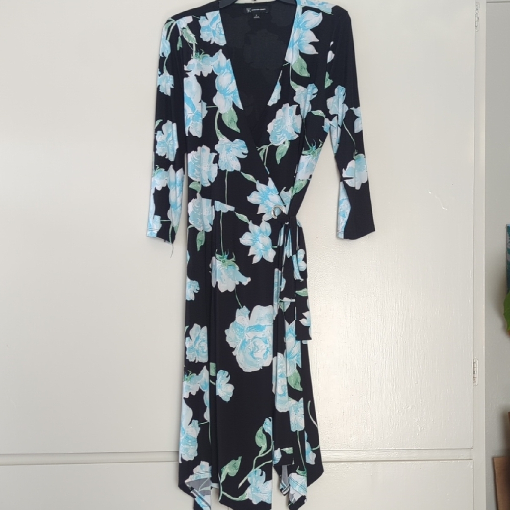 INC International Concepts Blue Asymmetrical Wrap Dress V-Neck 3/4 Sleeve